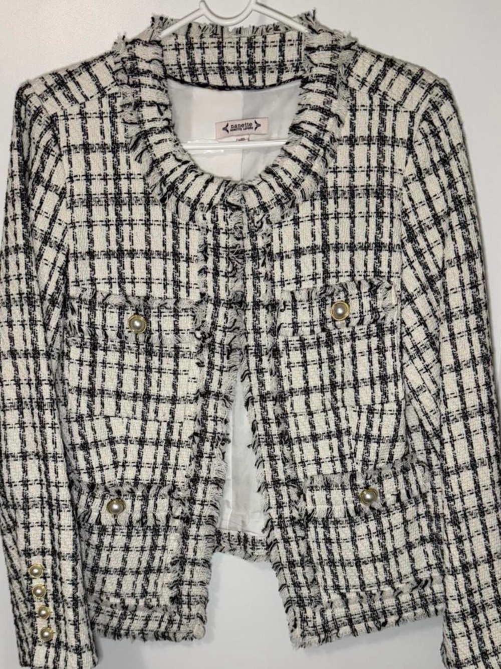 Nanette Lepore Black and White Tweed Fringe Collar Blazer
